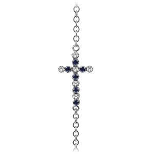 0.24 Carat 14K Solid White Gold Cross Bracelet Diamond Sapphire
