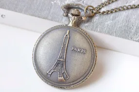 1 PC Antique Bronze Eiffel Tower Pocket Watch Necklace A1557