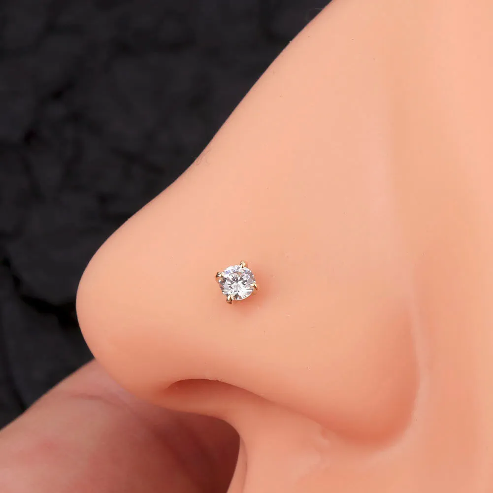 14K Gold 20G L Shape Round CZ Nose Stud