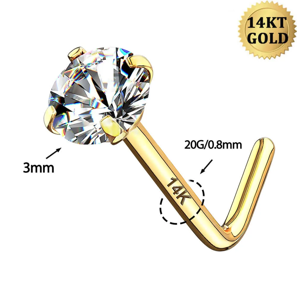 14K Gold 20G L Shape Round CZ Nose Stud