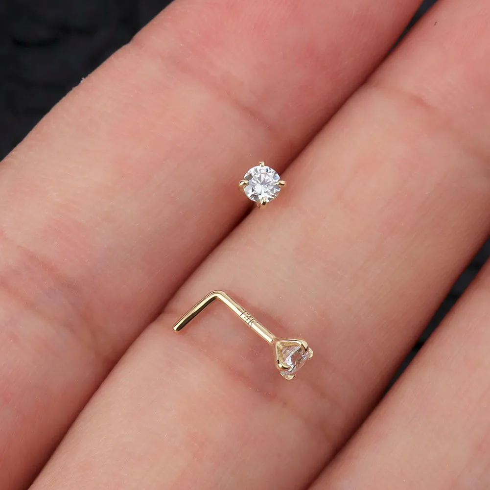 14K Gold 20G L Shape Round CZ Nose Stud