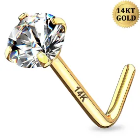 14K Gold 20G L Shape Round CZ Nose Stud