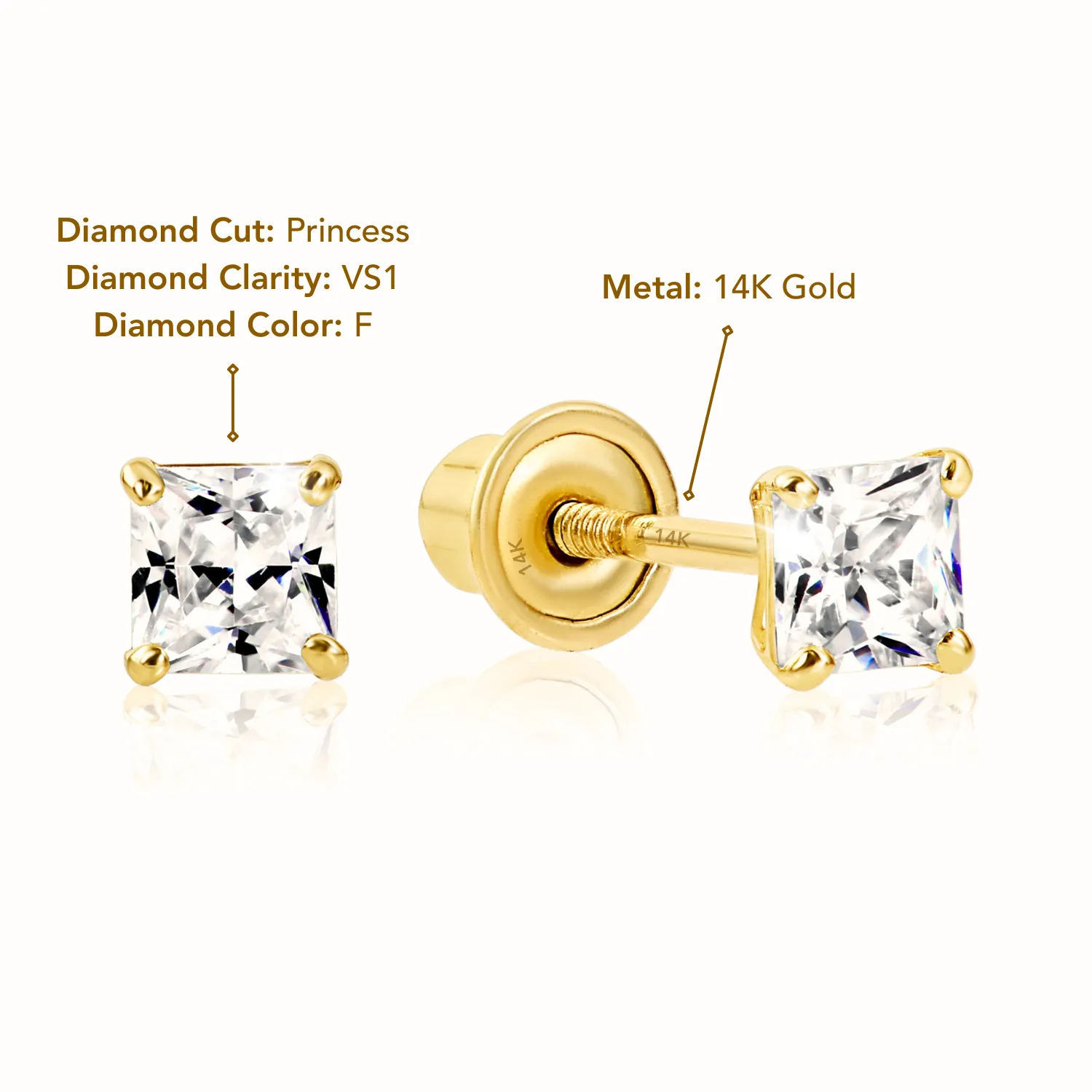 14K Gold Lab Diamond Stud Earrings, CVD Brilliant Princess-Cut Diamond Studs, Classy Square Diamond Studs