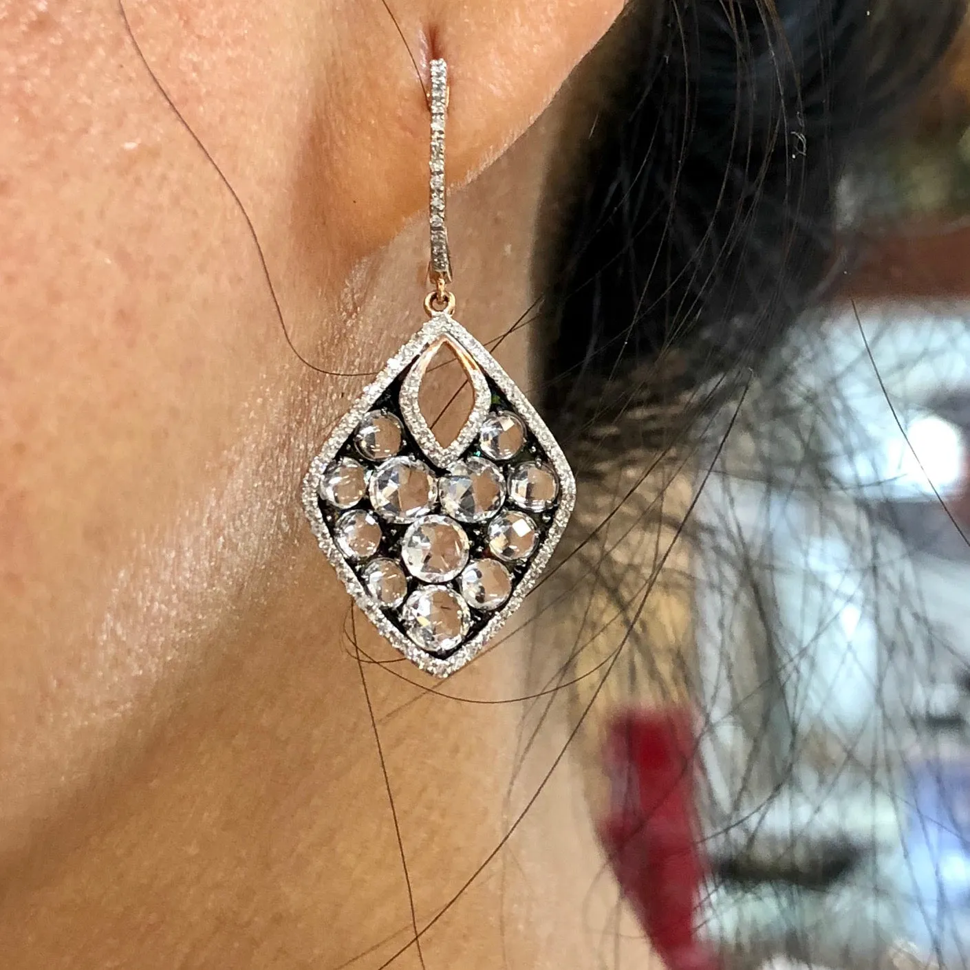 14K Rose Gold Drop Earrings with Clustered Champaign Diamond