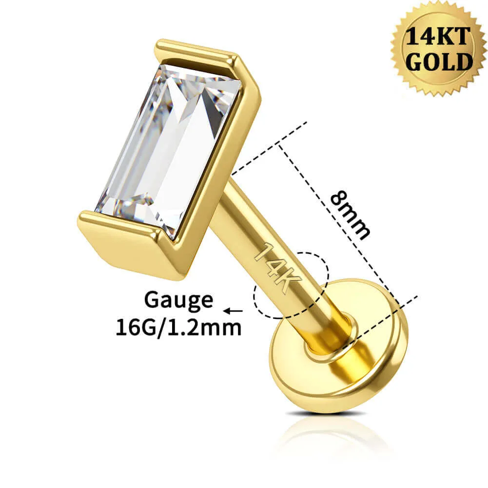 14K Solid Gold Rectangle CZ Internally Threaded Flat Back Cartilage Helix Stud