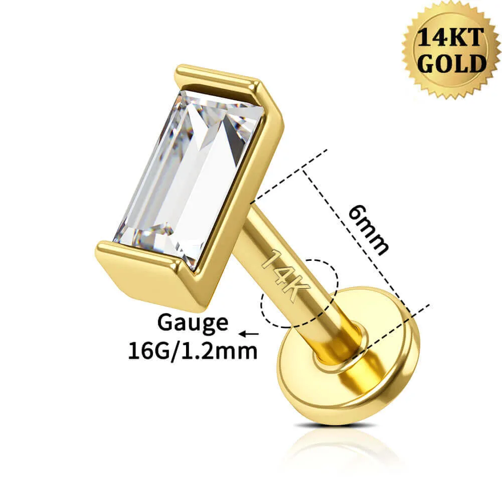 14K Solid Gold Rectangle CZ Internally Threaded Flat Back Cartilage Helix Stud