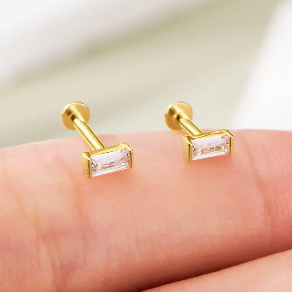 14K Solid Gold Rectangle CZ Internally Threaded Flat Back Cartilage Helix Stud