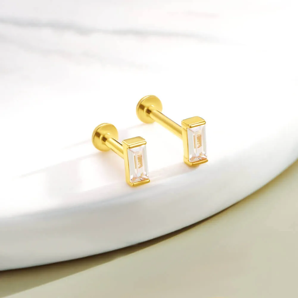 14K Solid Gold Rectangle CZ Internally Threaded Flat Back Cartilage Helix Stud