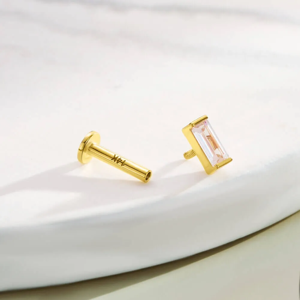 14K Solid Gold Rectangle CZ Internally Threaded Flat Back Cartilage Helix Stud
