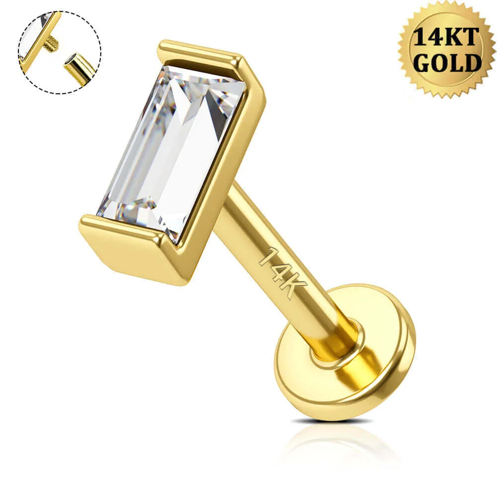 14K Solid Gold Rectangle CZ Internally Threaded Flat Back Cartilage Helix Stud