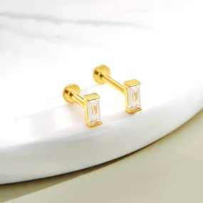 14K Solid Gold Rectangle CZ Internally Threaded Flat Back Cartilage Helix Stud