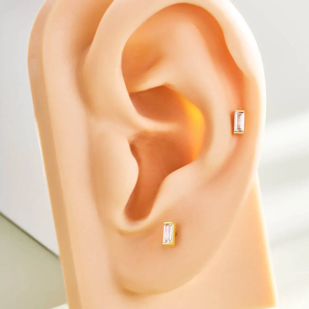 14K Solid Gold Rectangle CZ Internally Threaded Flat Back Cartilage Helix Stud