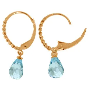 14K Solid Rose Gold Leverback Earrings Briolette Blue Topaz Certified