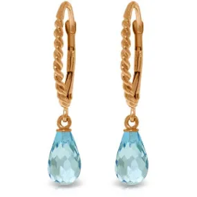 14K Solid Rose Gold Leverback Earrings Briolette Blue Topaz Certified