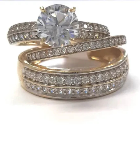 14K Solid Yellow Gold Wedding Rings CZ Stones Mens/Womens
