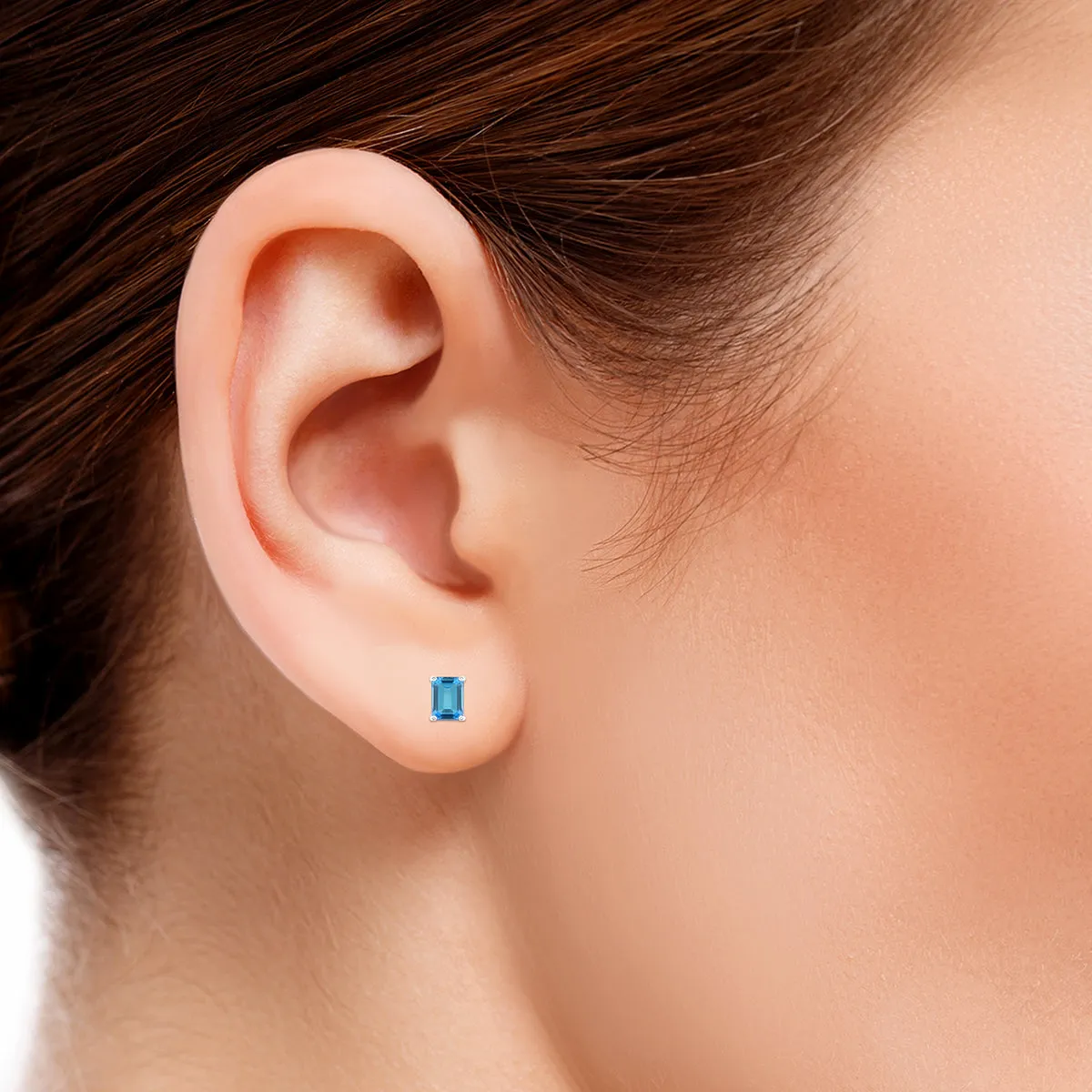14K White Gold 6X4Mm Emerald Shaped Blue Topaz Earrings
