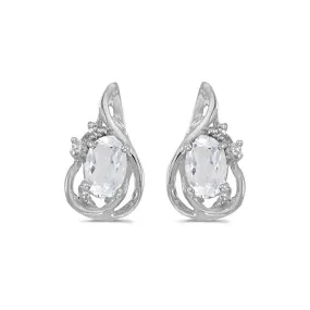 14k White Gold Oval White Topaz And Diamond Teardrop Earrings
