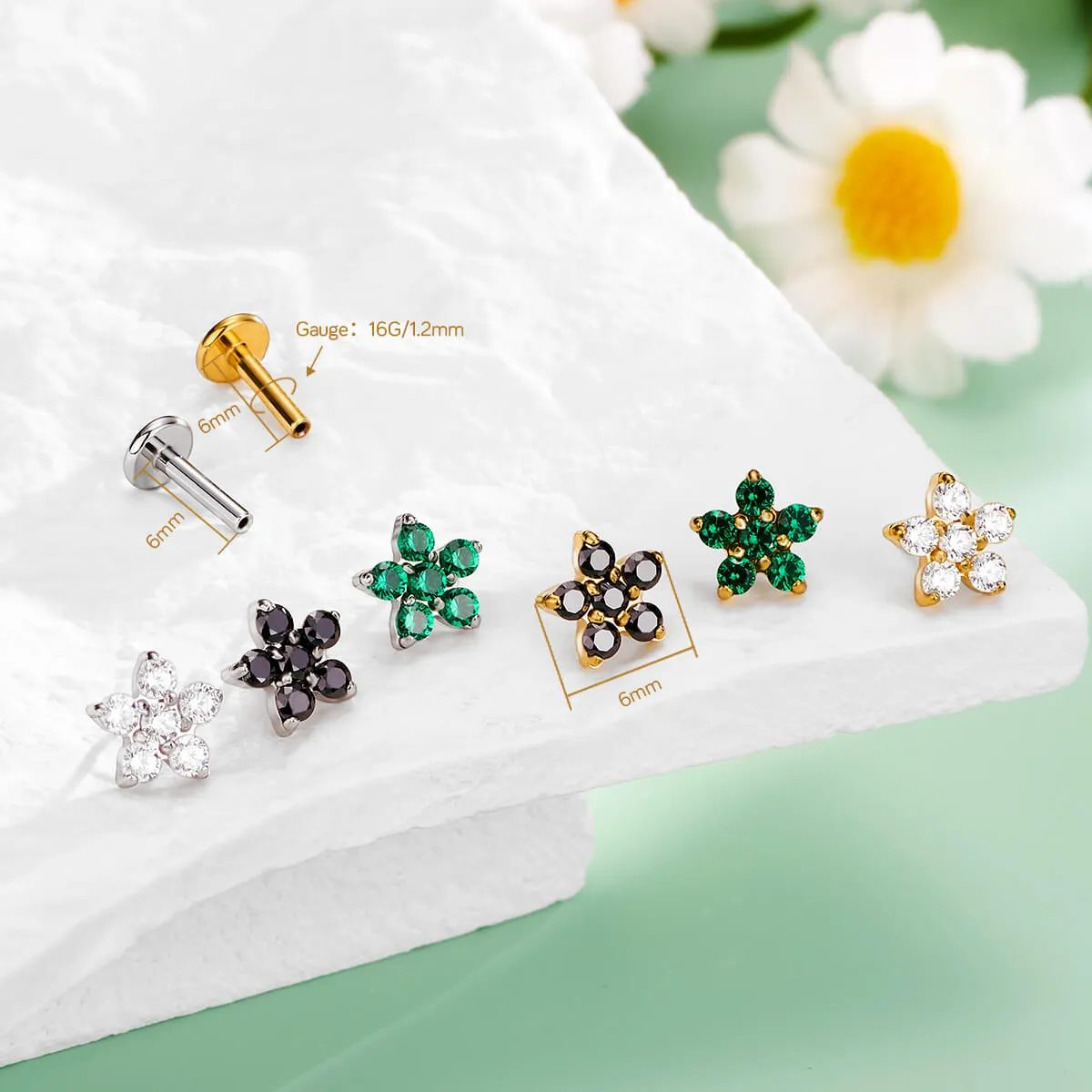 16G Flower Threadless Push Pin CZ Flat Back Cartilage Stud Earring