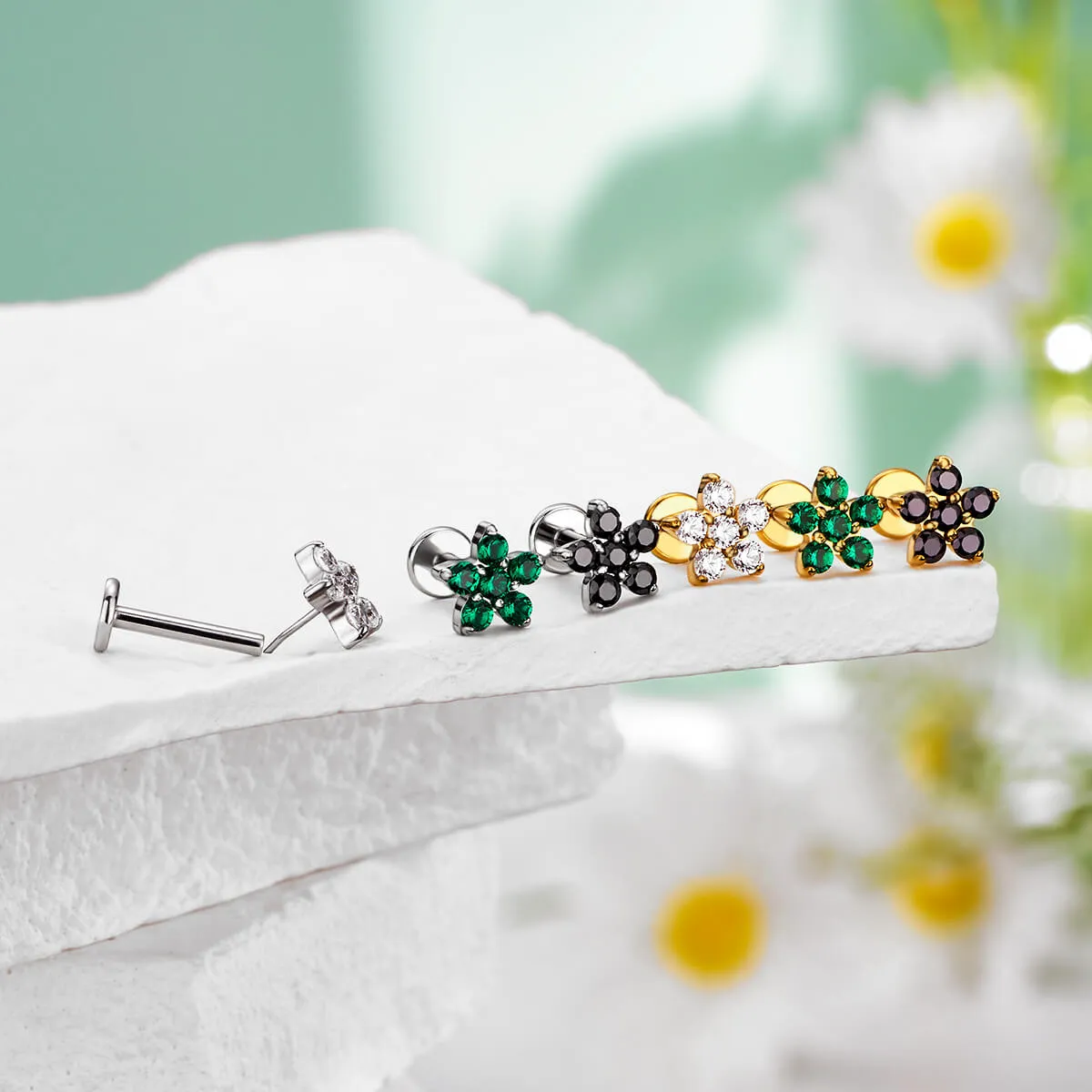 16G Flower Threadless Push Pin CZ Flat Back Cartilage Stud Earring