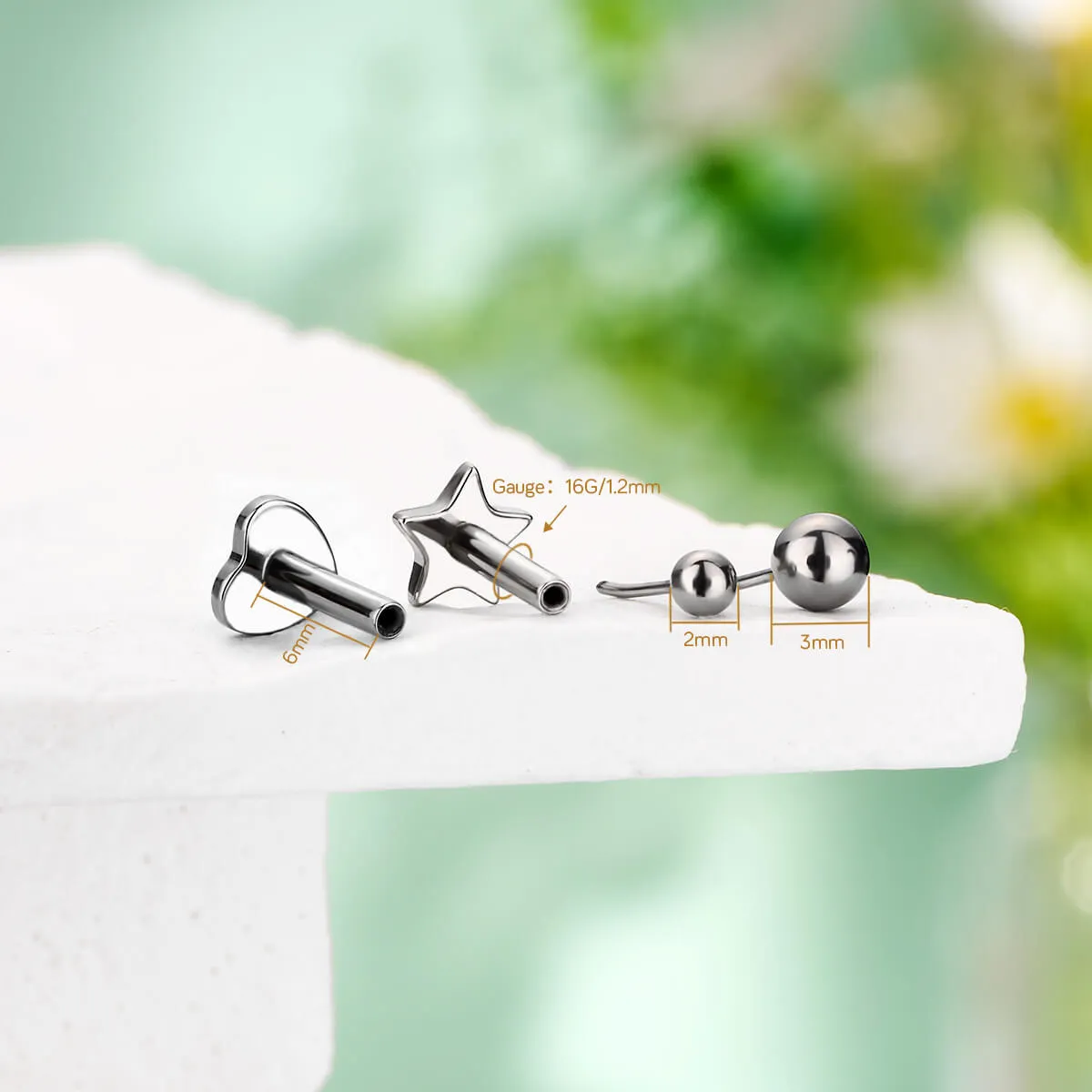 16G Titanium Threadless Ball Top Star Heart Flat Back Cartilage Stud