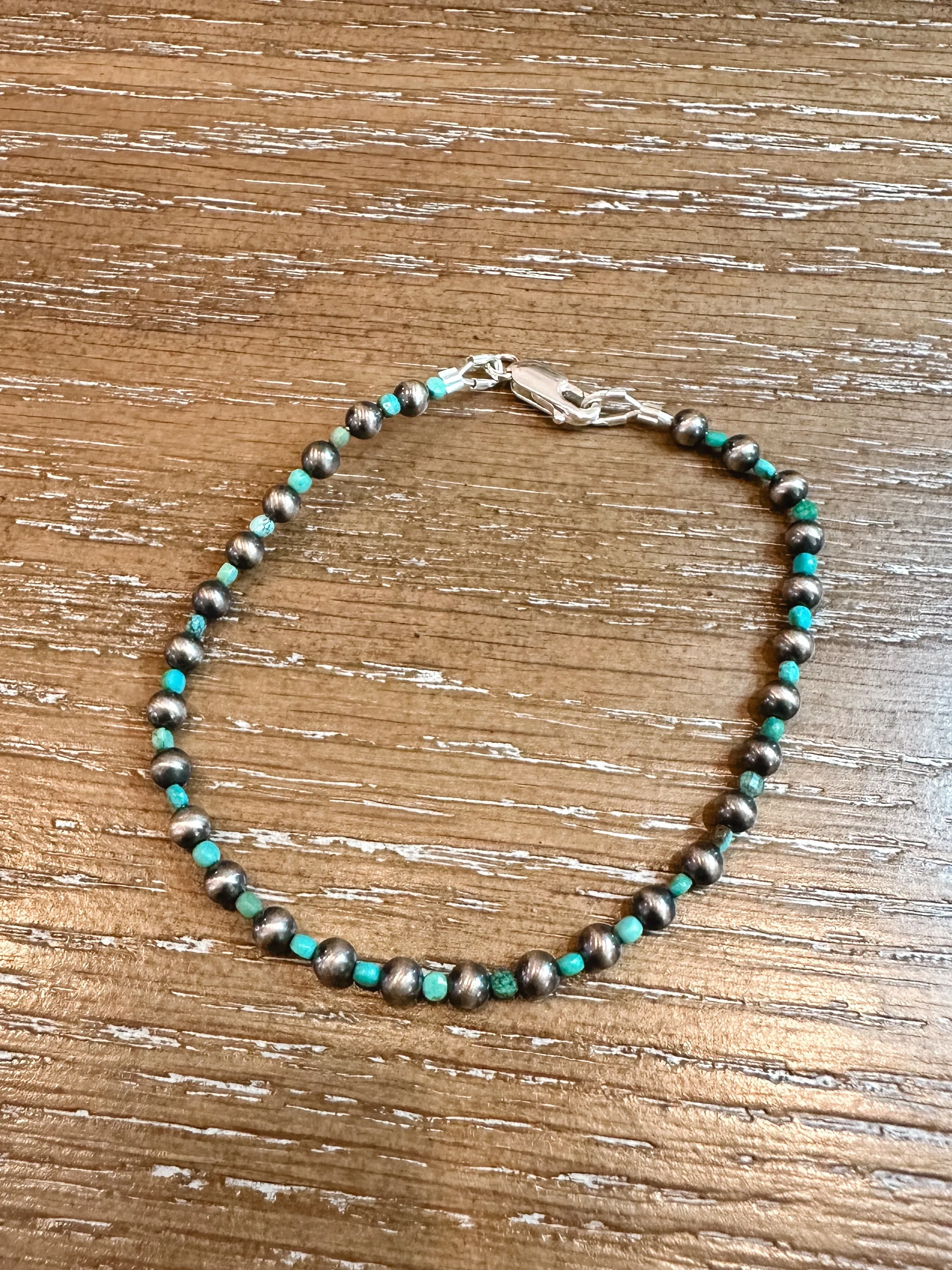 4mm Sterling Silver Navajo Pearl & Turquoise Bead Bracelet