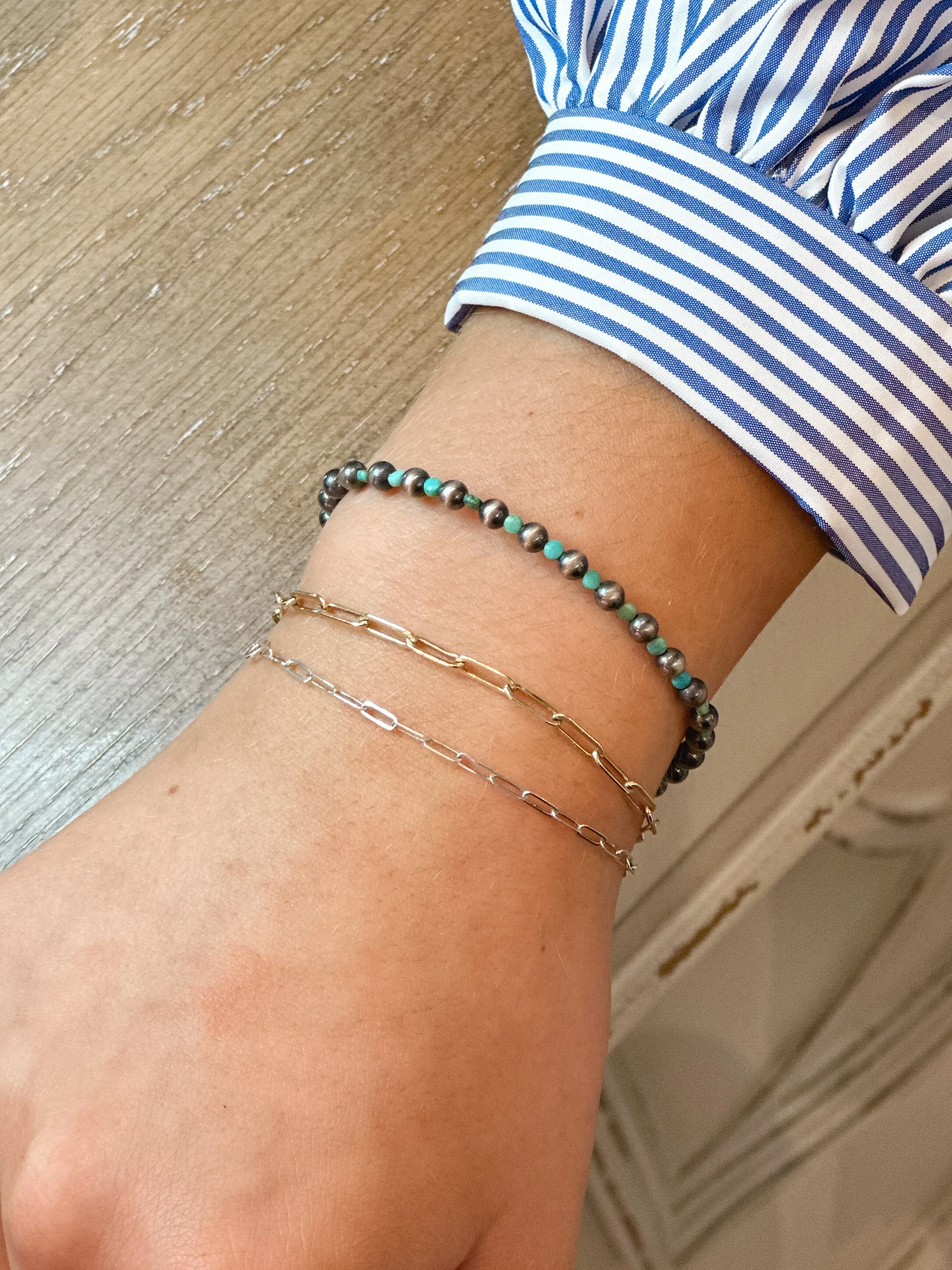 4mm Sterling Silver Navajo Pearl & Turquoise Bead Bracelet