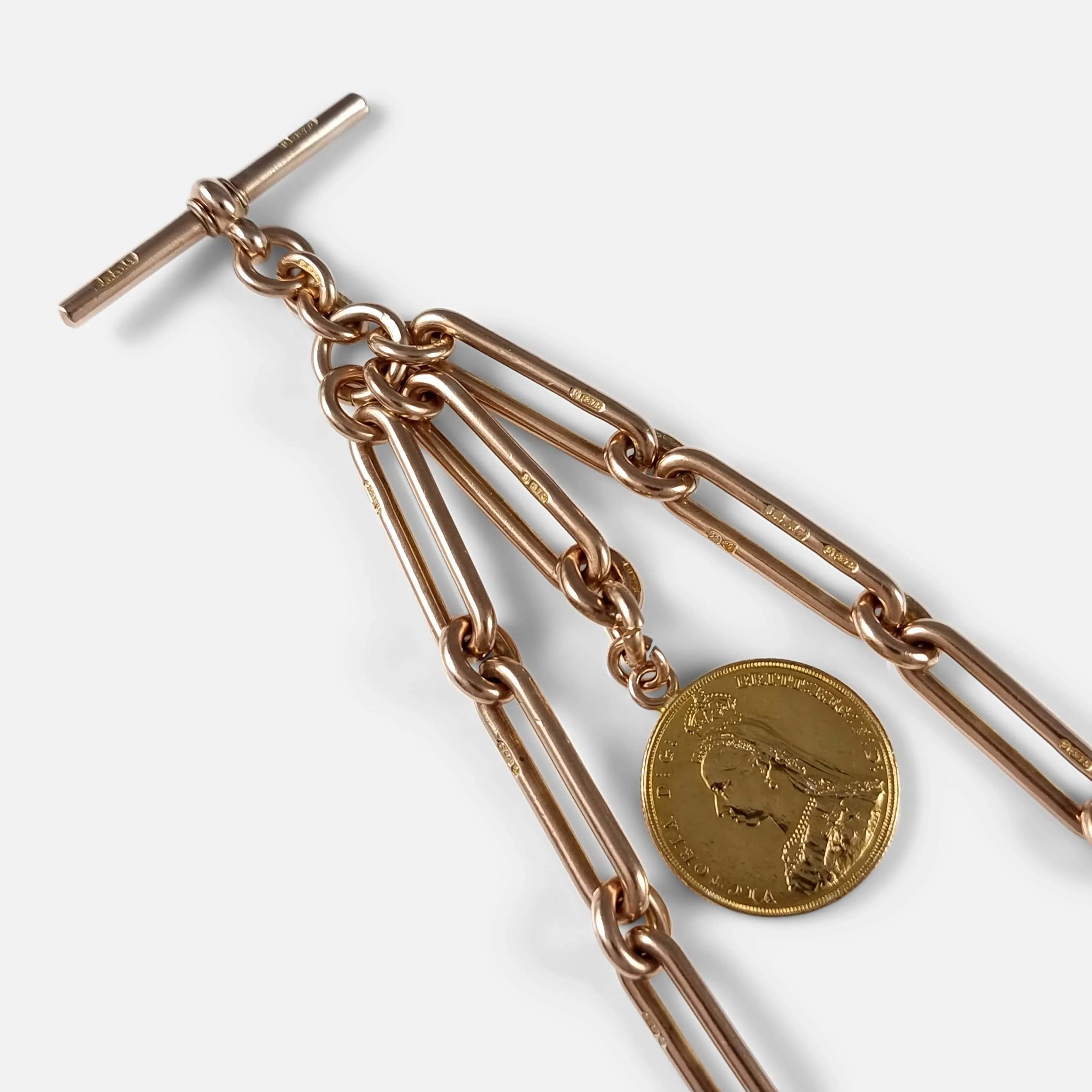 9ct Gold Trombone Link Double Albert Watch Chain, & 1887 Sovereign