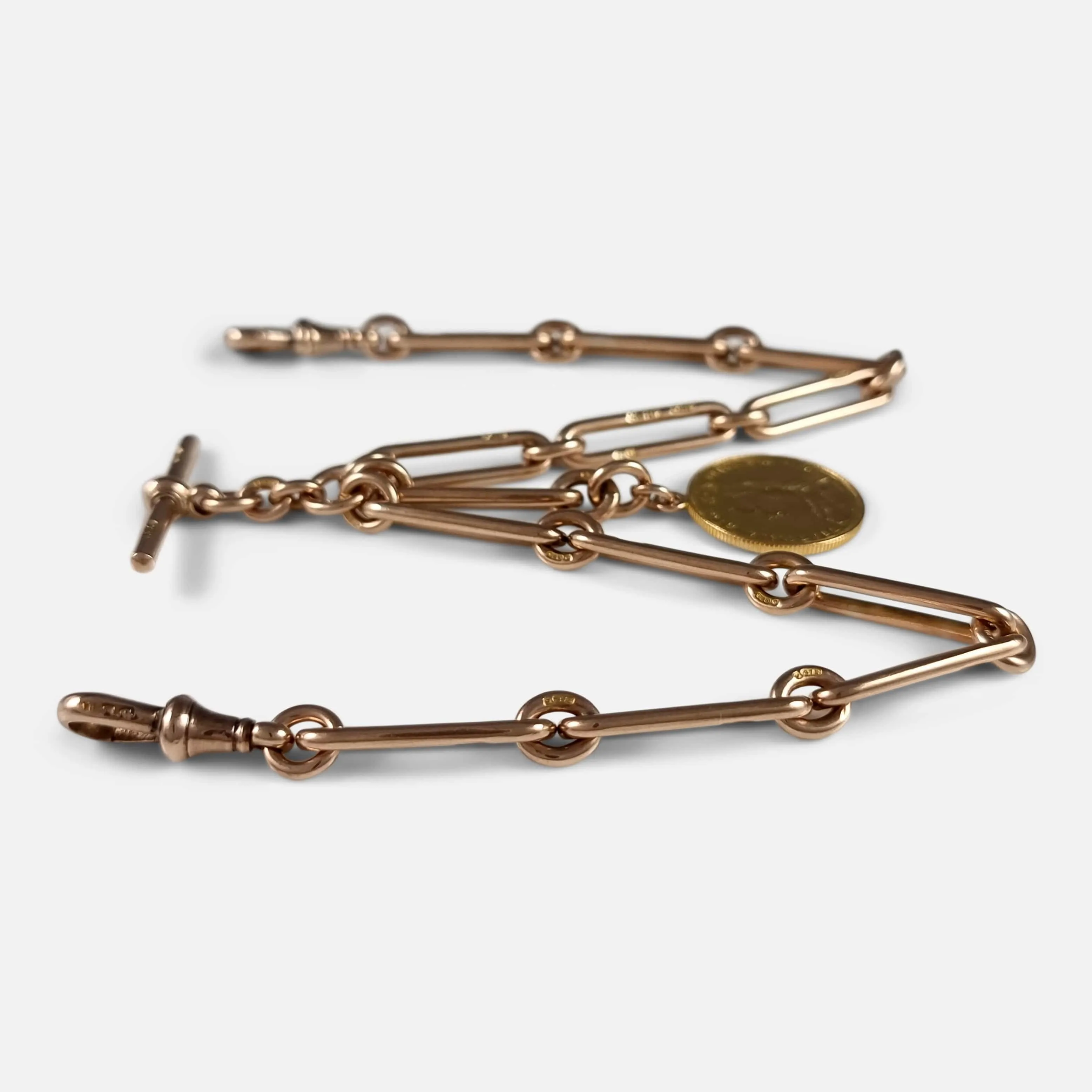 9ct Gold Trombone Link Double Albert Watch Chain, & 1887 Sovereign