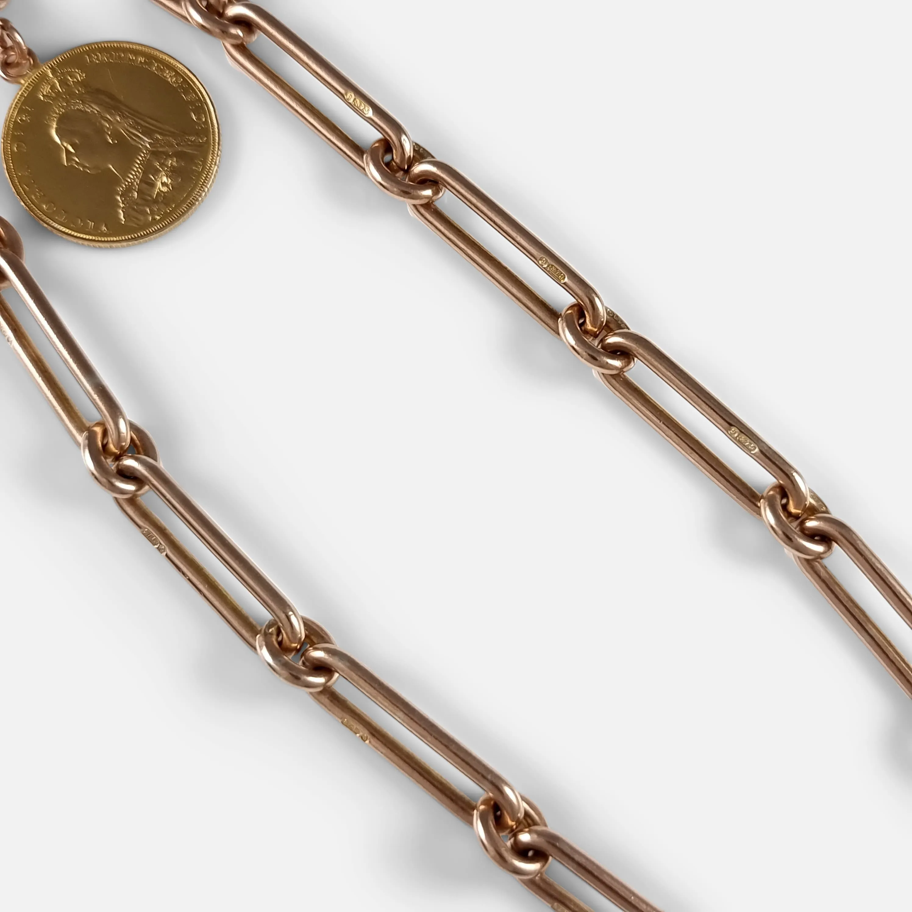 9ct Gold Trombone Link Double Albert Watch Chain, & 1887 Sovereign