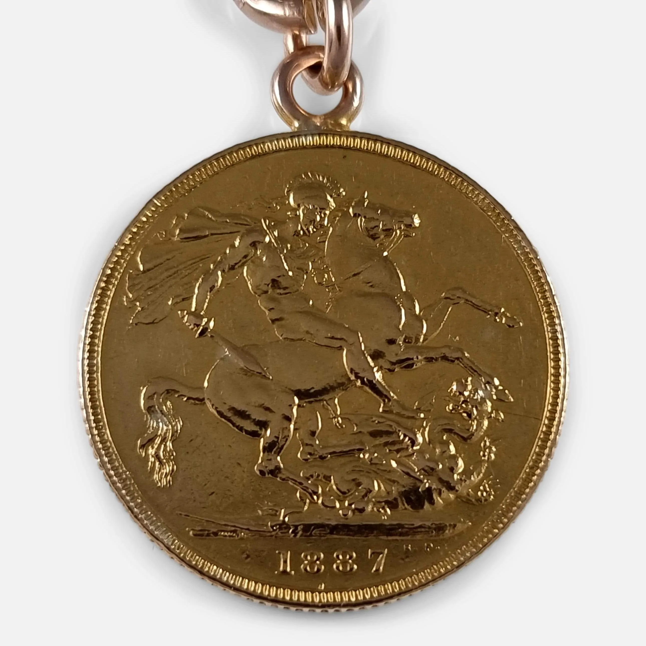 9ct Gold Trombone Link Double Albert Watch Chain, & 1887 Sovereign
