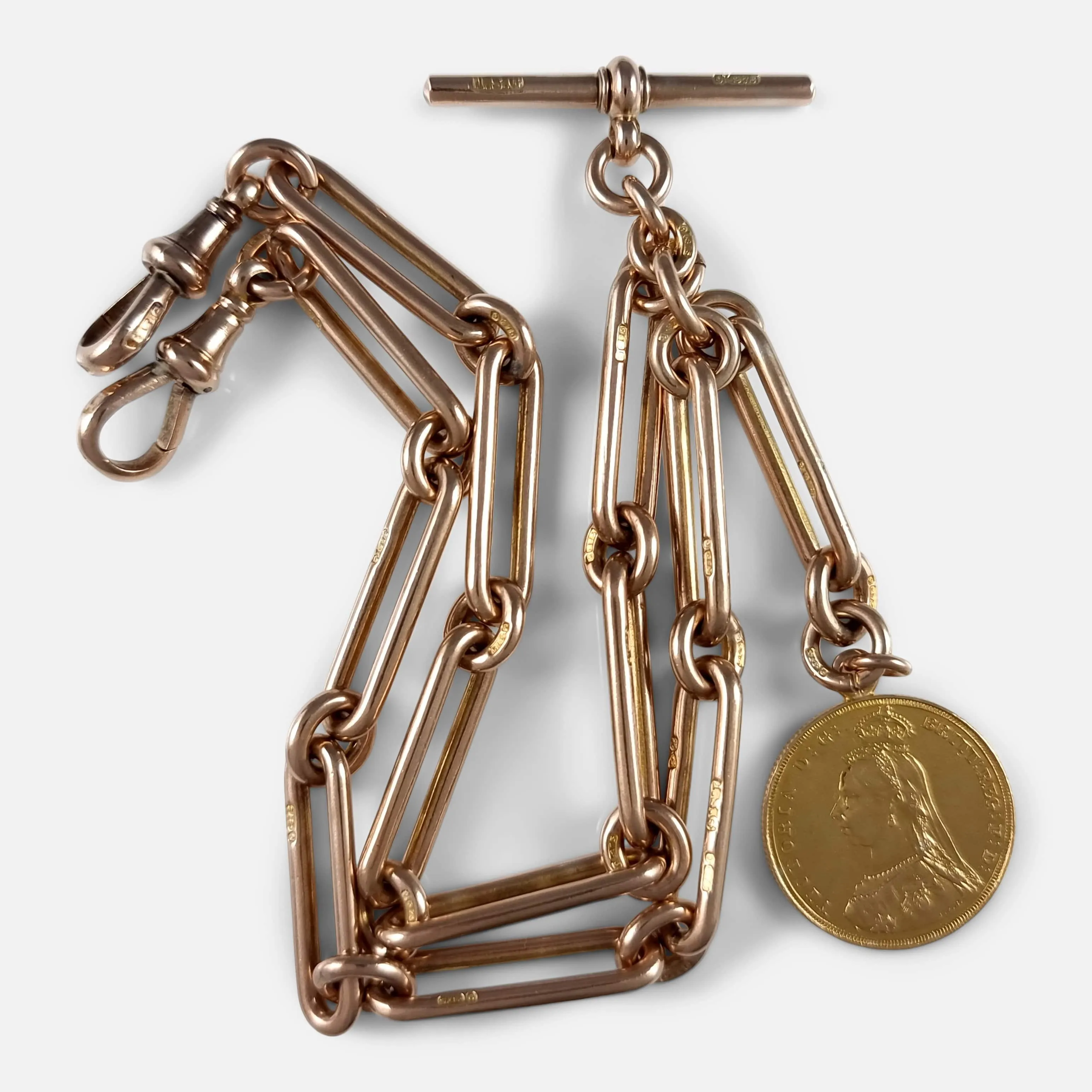9ct Gold Trombone Link Double Albert Watch Chain, & 1887 Sovereign