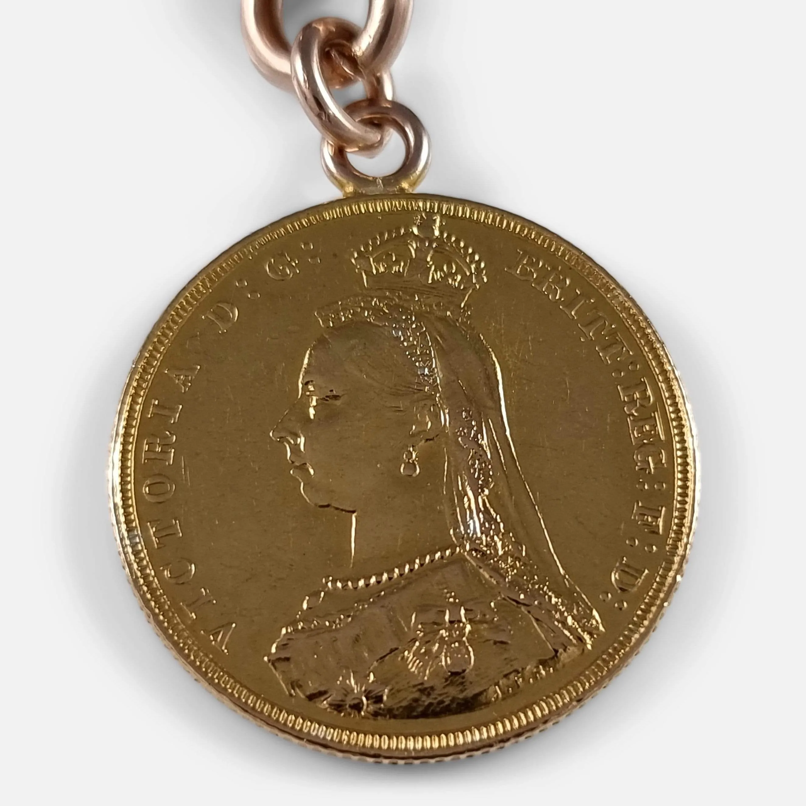 9ct Gold Trombone Link Double Albert Watch Chain, & 1887 Sovereign