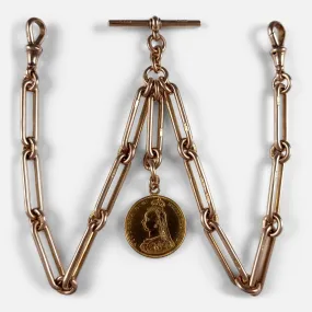 9ct Gold Trombone Link Double Albert Watch Chain, & 1887 Sovereign