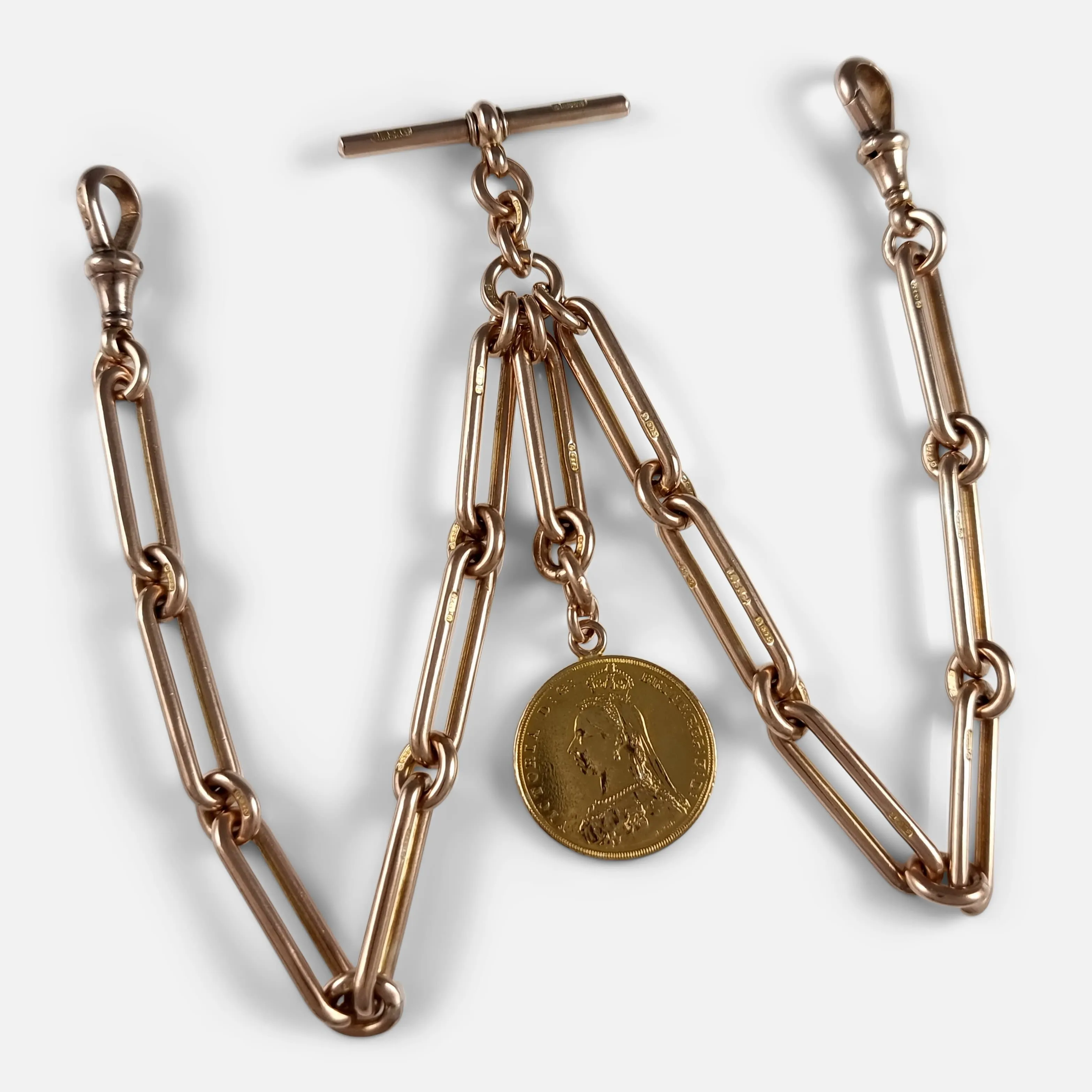 9ct Gold Trombone Link Double Albert Watch Chain, & 1887 Sovereign