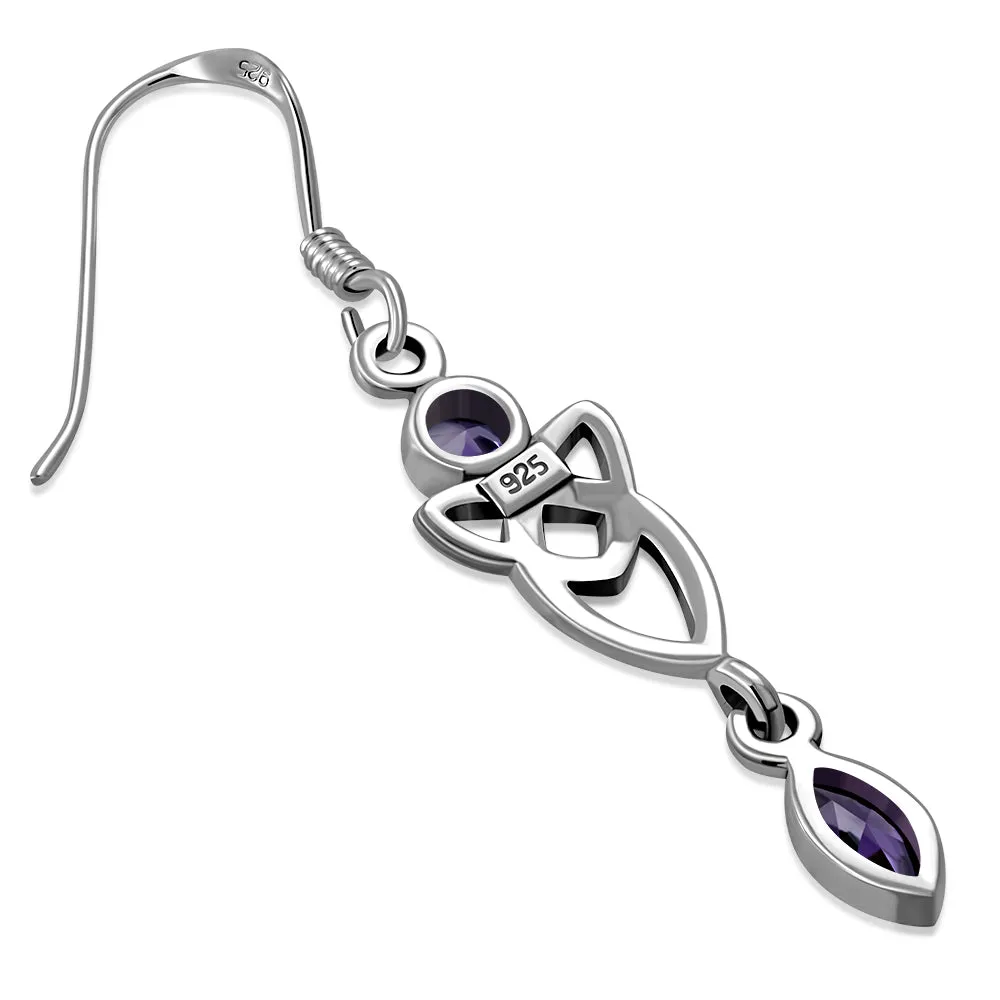 Amethyst CZ Long Celtic Trinity Knot Silver Earrings