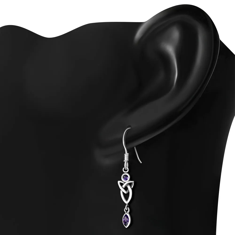 Amethyst CZ Long Celtic Trinity Knot Silver Earrings