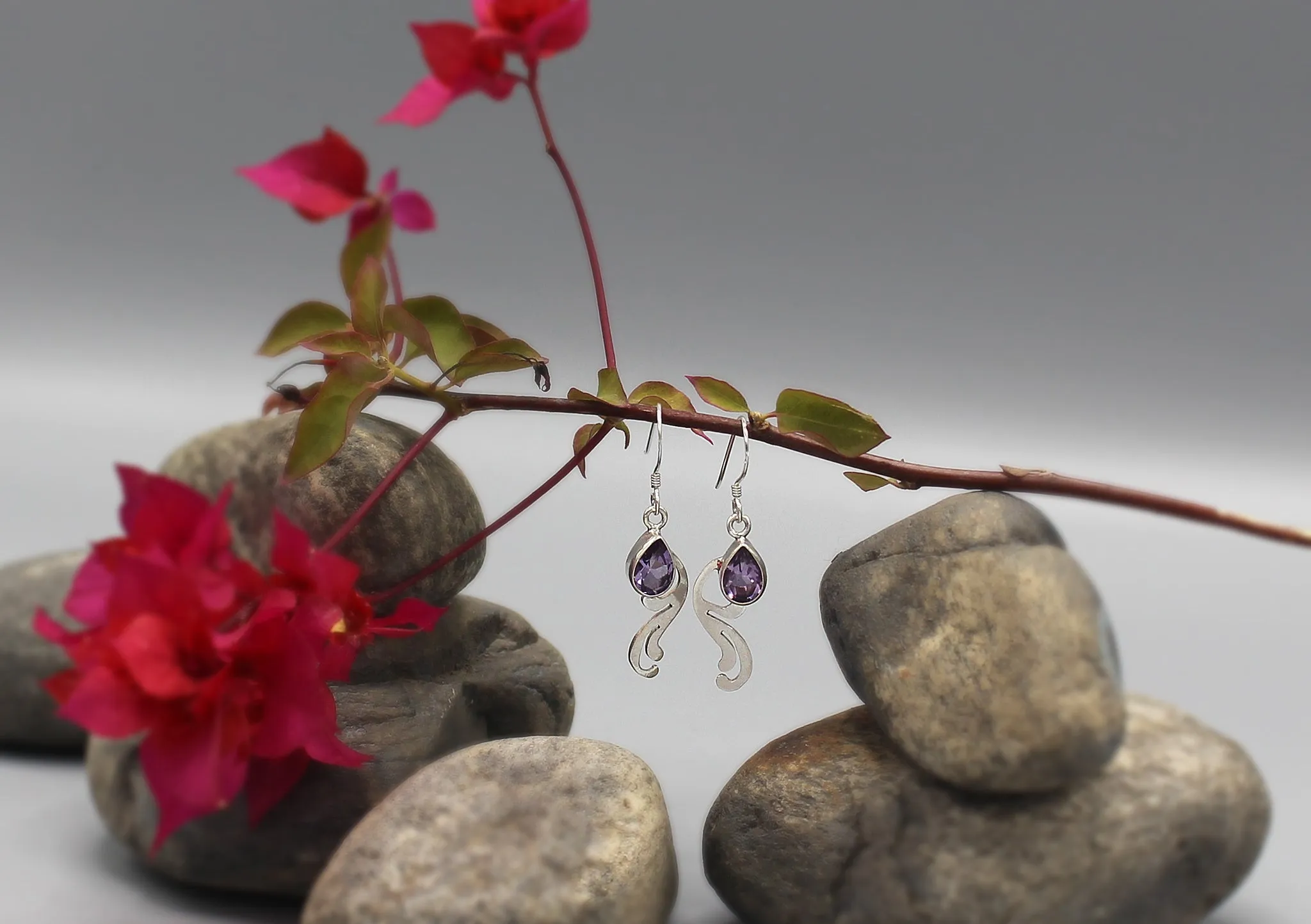 Amethyst Leaf Design Sterling Silver Earrings