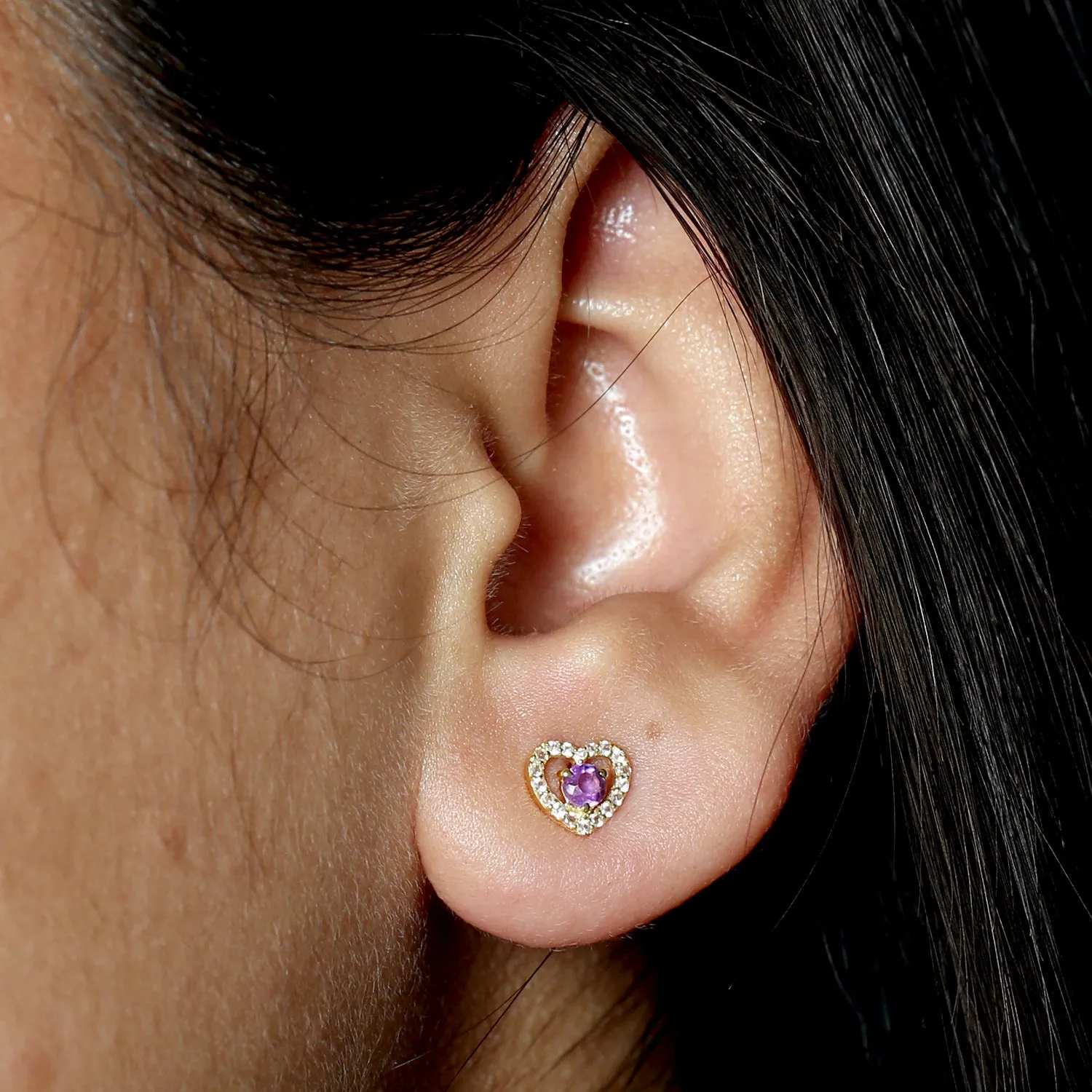 Amethyst Topaz Heart Stud Earrings 14k Yellow Gold Handmade Jewelry