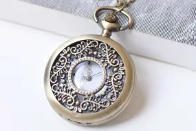 Antique Bronze Large Filigree Round Pocket Watch Necklace Set of 1 A470