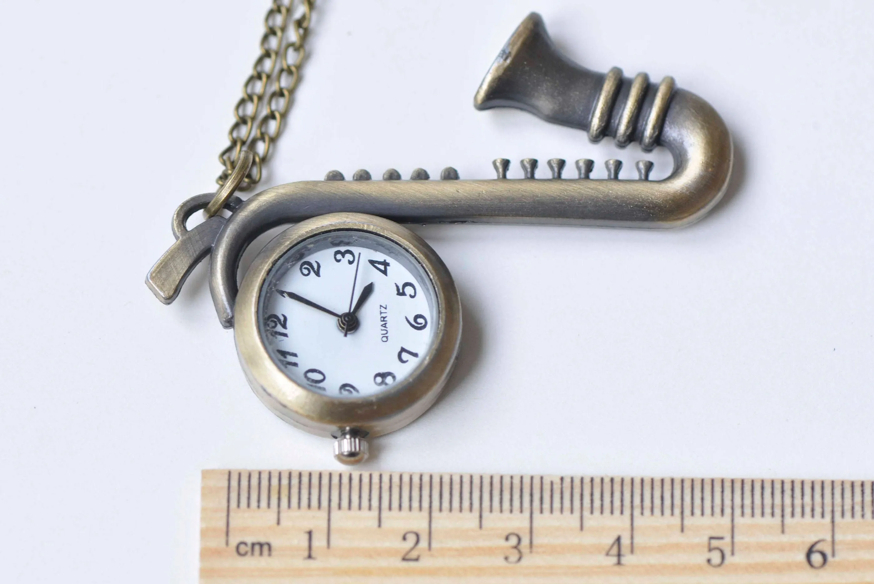 Antique Bronze Saxophone Pocket Watch Necklace Set of 1 A2697