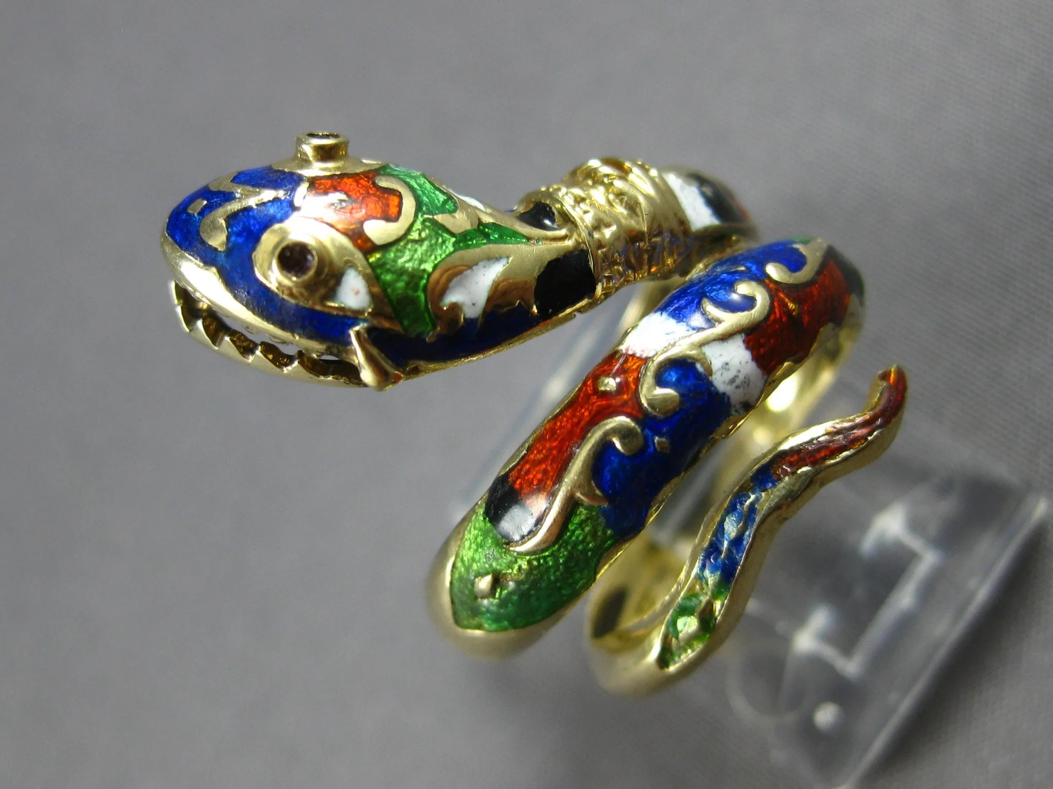 ANTIQUE LARGE 14KT YELLOW GOLD HANDCRAFTED MULTI COLOR ENAMEL SNAKE RING #27872