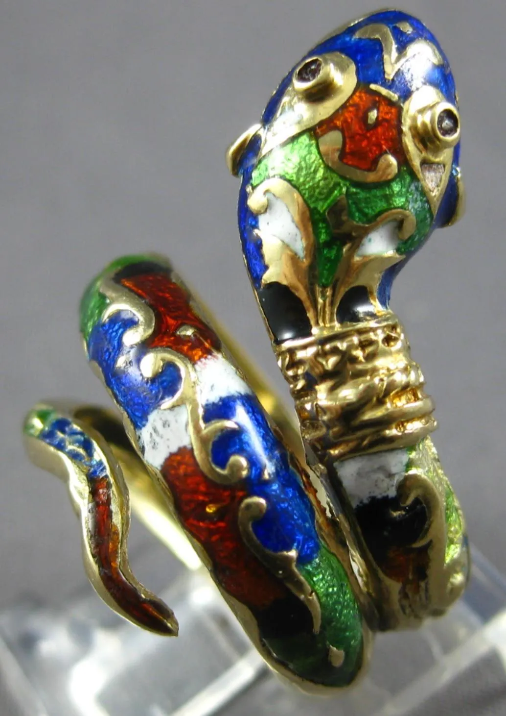 ANTIQUE LARGE 14KT YELLOW GOLD HANDCRAFTED MULTI COLOR ENAMEL SNAKE RING #27872