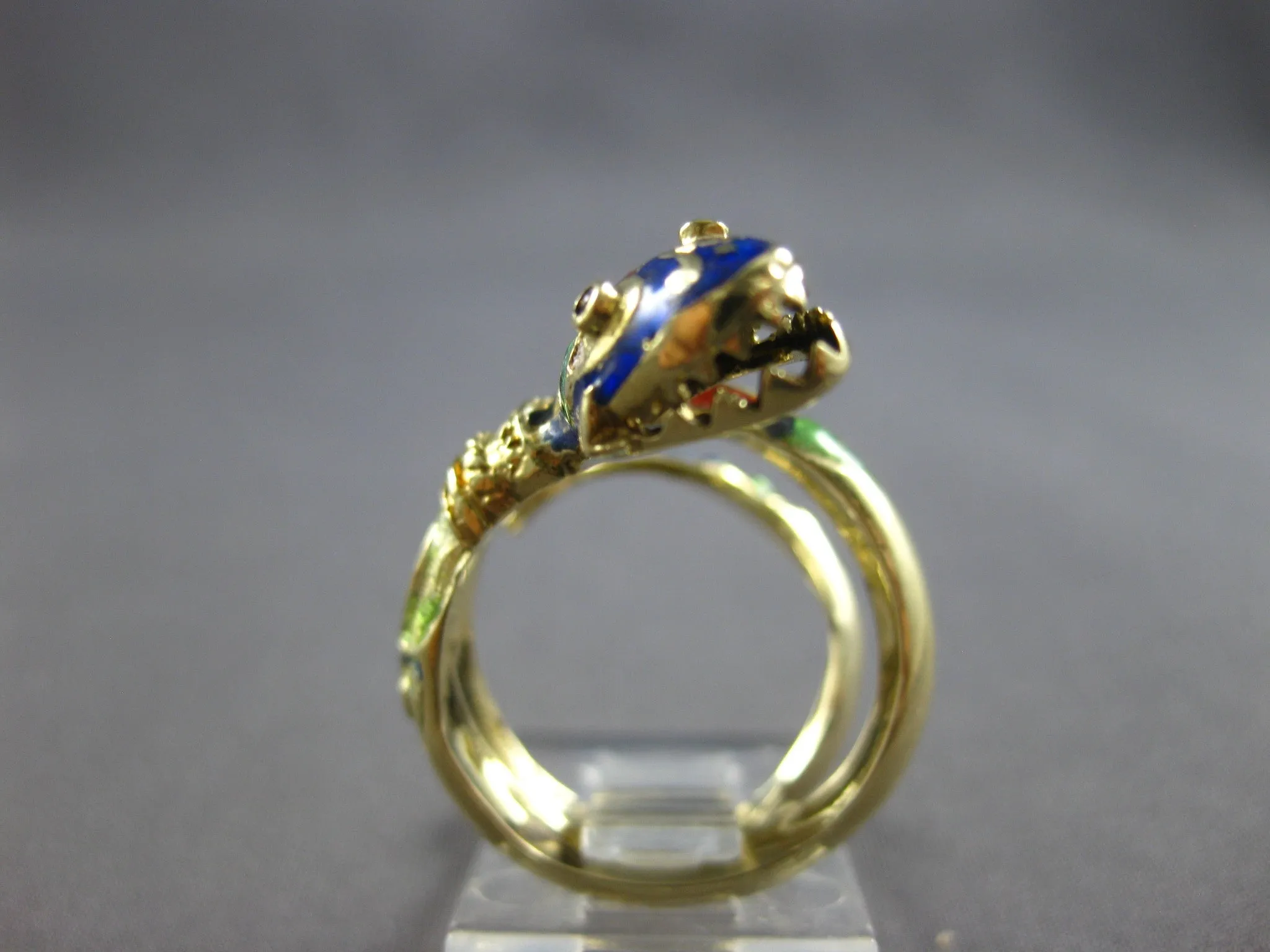 ANTIQUE LARGE 14KT YELLOW GOLD HANDCRAFTED MULTI COLOR ENAMEL SNAKE RING #27872