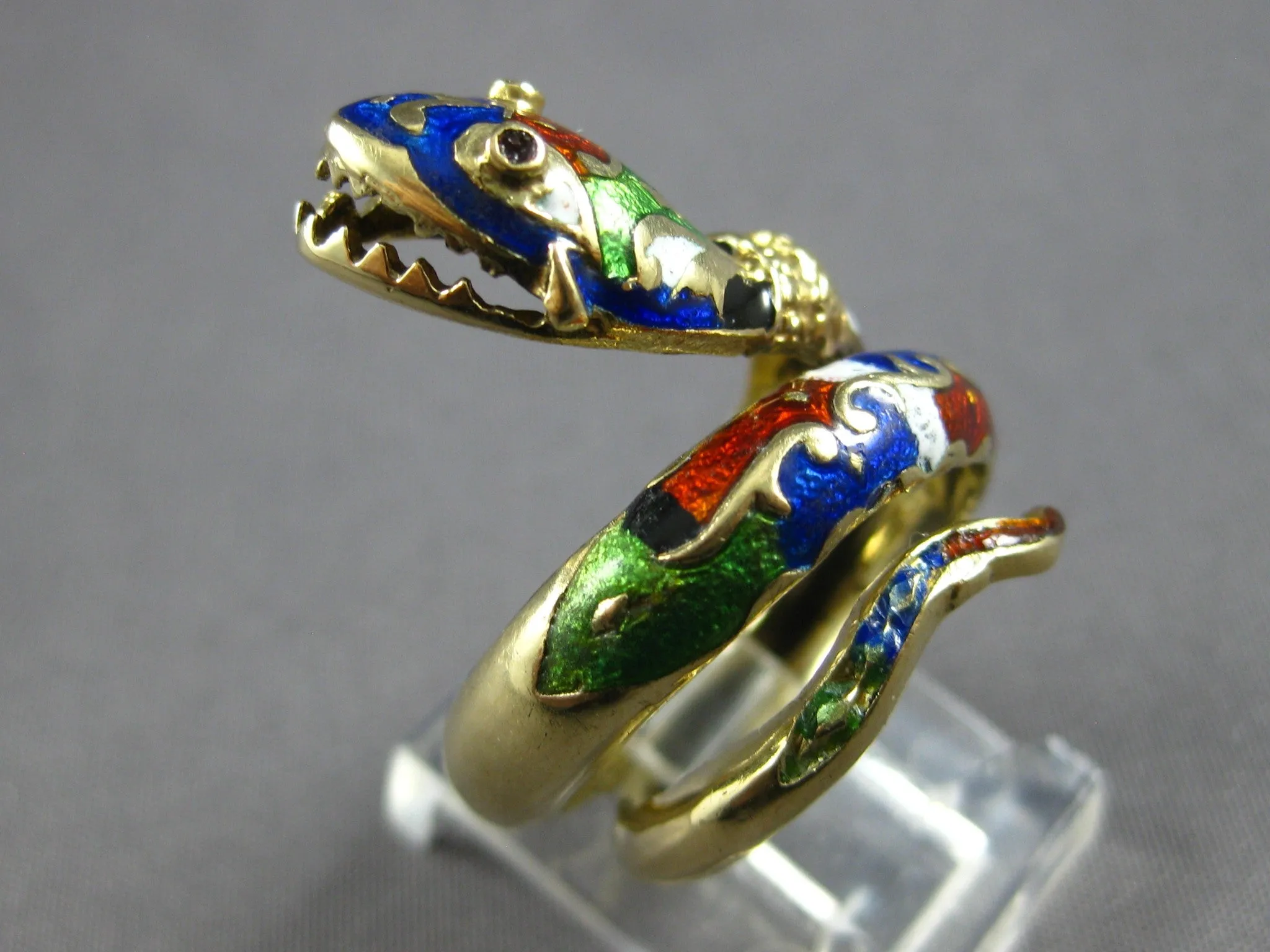 ANTIQUE LARGE 14KT YELLOW GOLD HANDCRAFTED MULTI COLOR ENAMEL SNAKE RING #27872