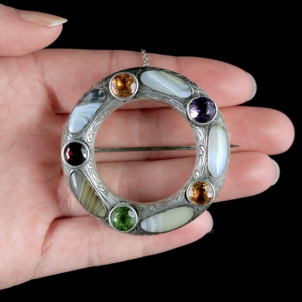 Antique Victorian Scottish Brooch Silver Quartz Agate Circa 1870