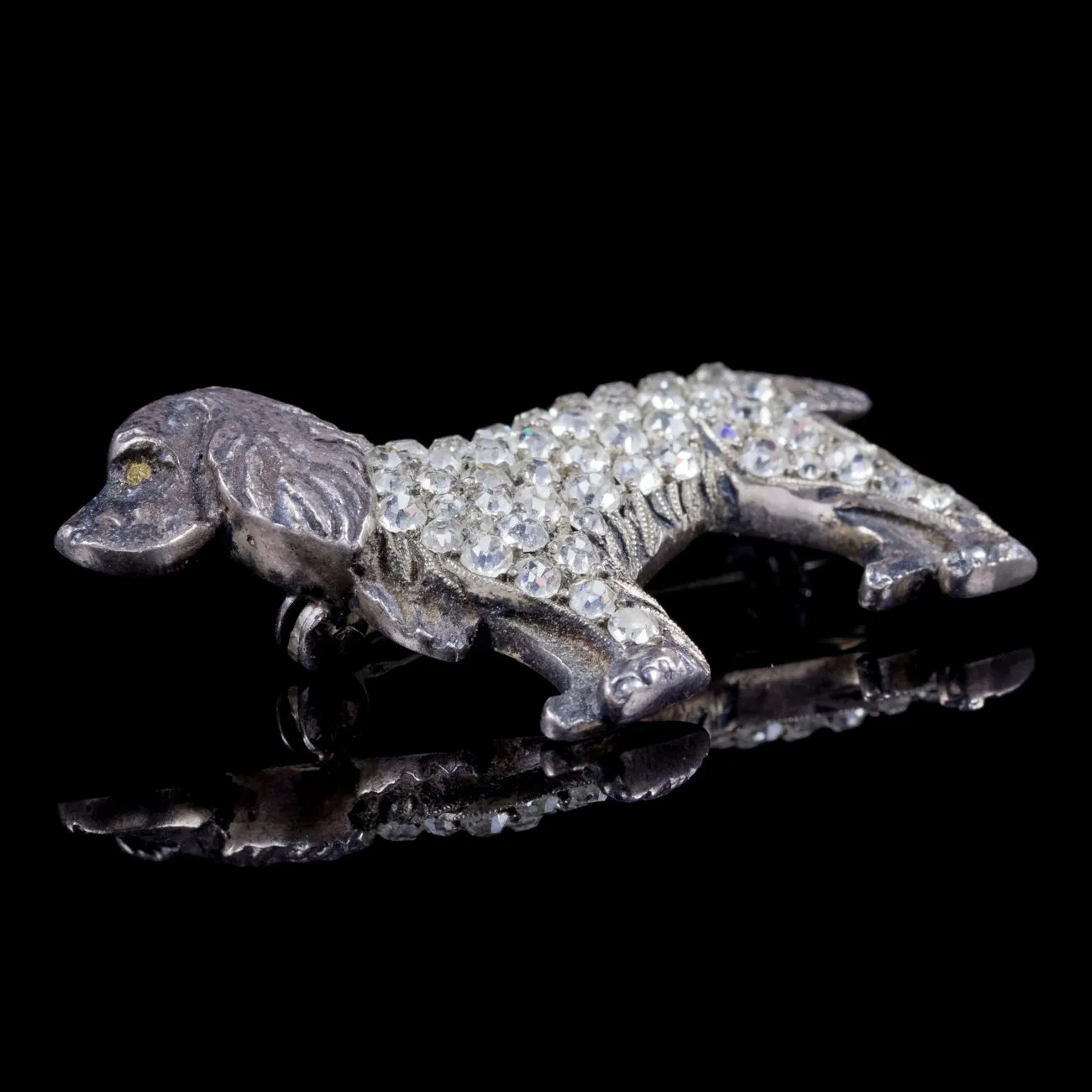 Antique Victorian Spaniel Dog Brooch Paste Stones Silver Circa 1900