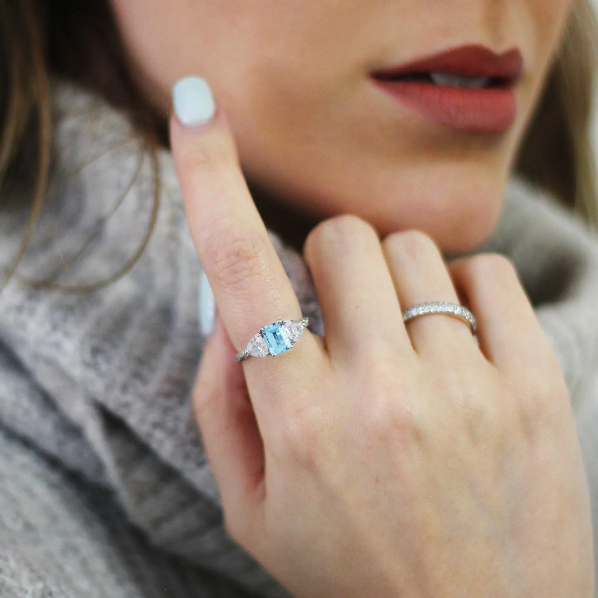 Aquamarine & Diamond Three Stone Engagement Ring