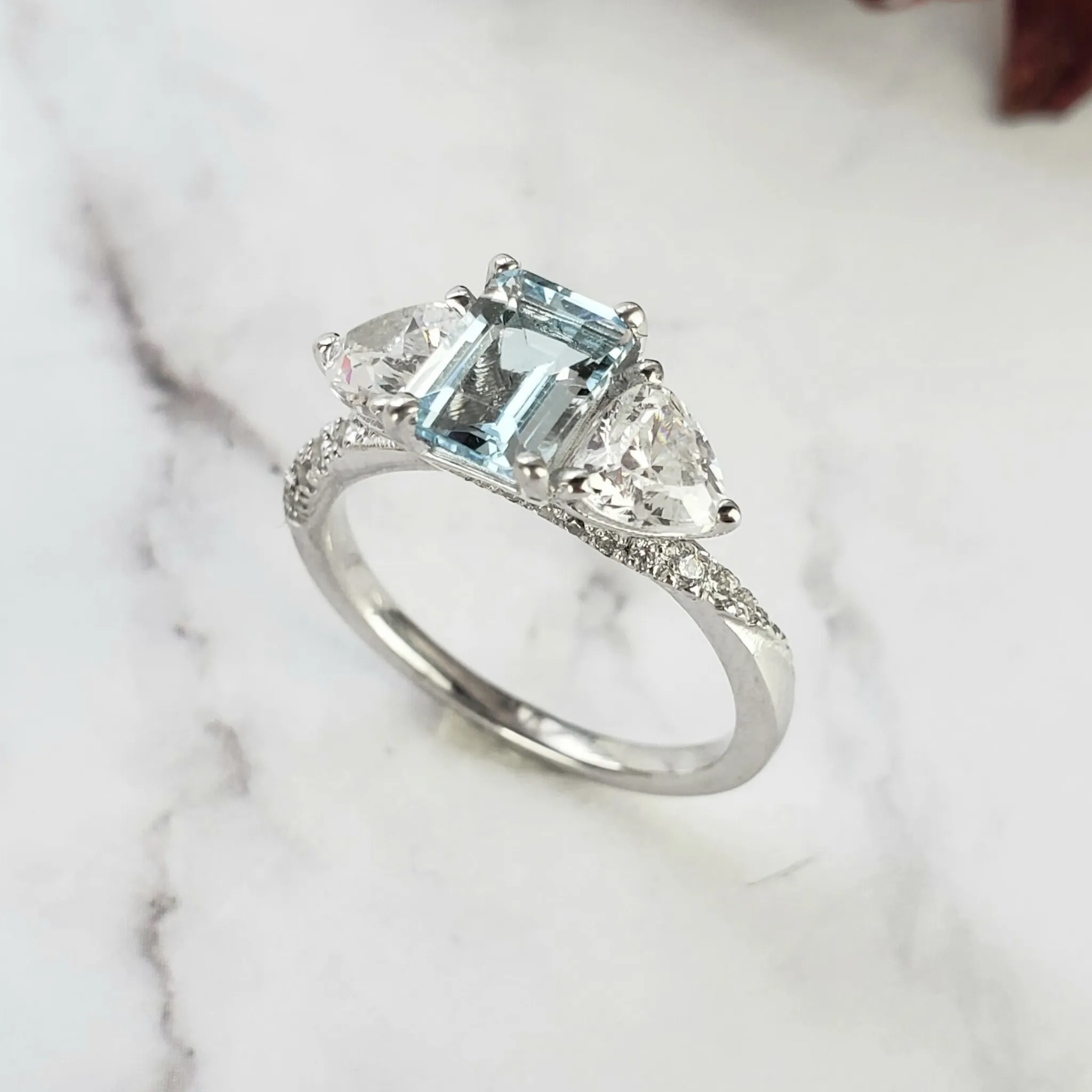 Aquamarine & Diamond Three Stone Engagement Ring
