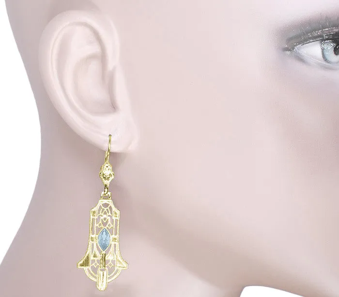 Art Deco Geometric Sky Blue Topaz Dangling Filigree Earrings in Sterling Silver with Yellow Gold Vermeil