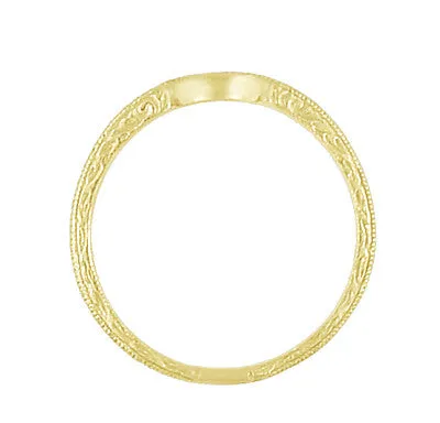 Art Deco Yellow Gold Vintage Engraved Scrolls Curved Wedding Band